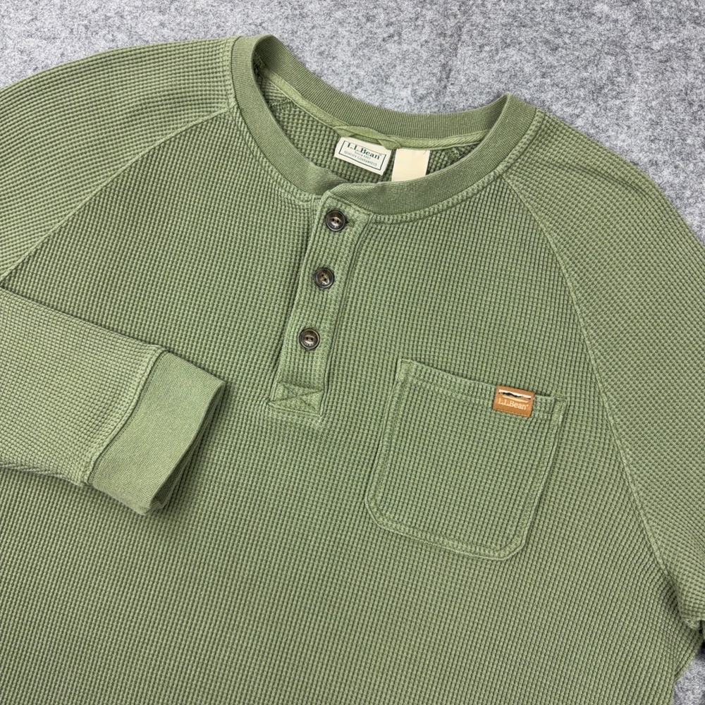 LL Bean BeanBuilt Waffle Henley Shirt Mens XL Tall XLT Green Thermal Pocket